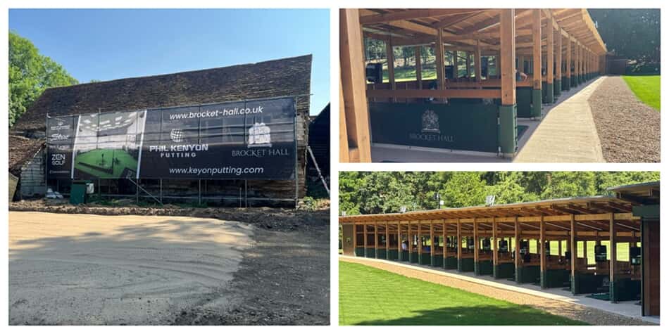 A collage of the mesh banner for the golf course and the branding in the padding across the course.